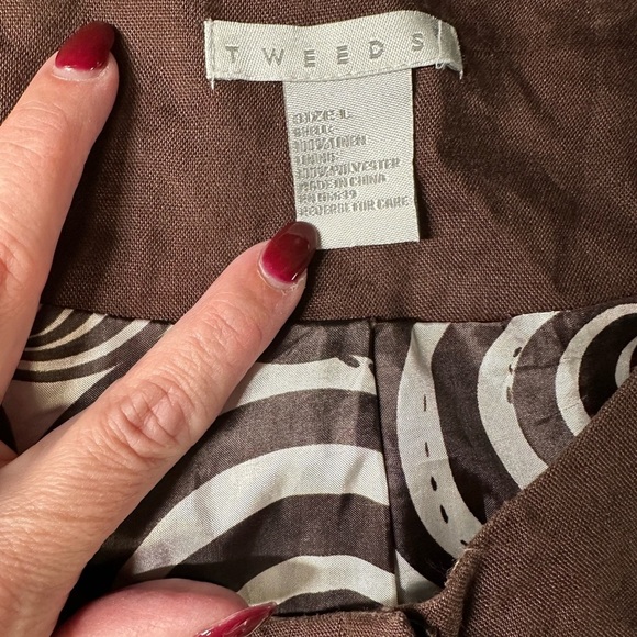 Tweeds Brown 100% Linen 3/4 Sleeves Neutral Button Front Cropped Blazer Size L - Picture 7 of 8